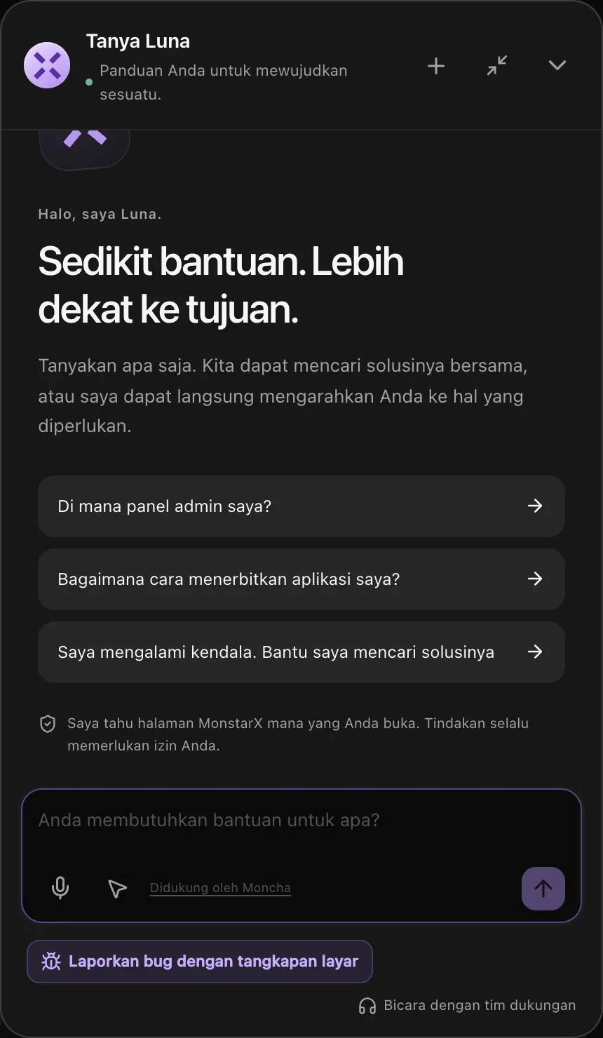 Panel Tanya Luna, dengan Laporkan bug dengan tangkapan layar dan Bicara dengan tim dukungan di bagian bawah