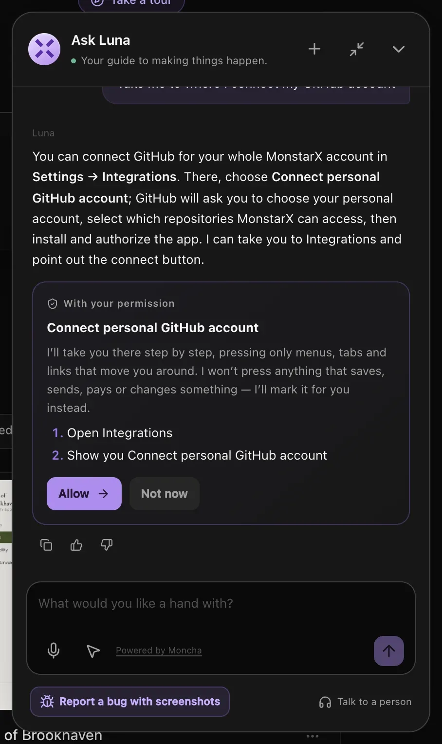 Ask Luna's answer about connecting GitHub, with a With your permission card listing two steps: Open Integrations, then Show you Connect personal GitHub account, and Allow and Not now buttons