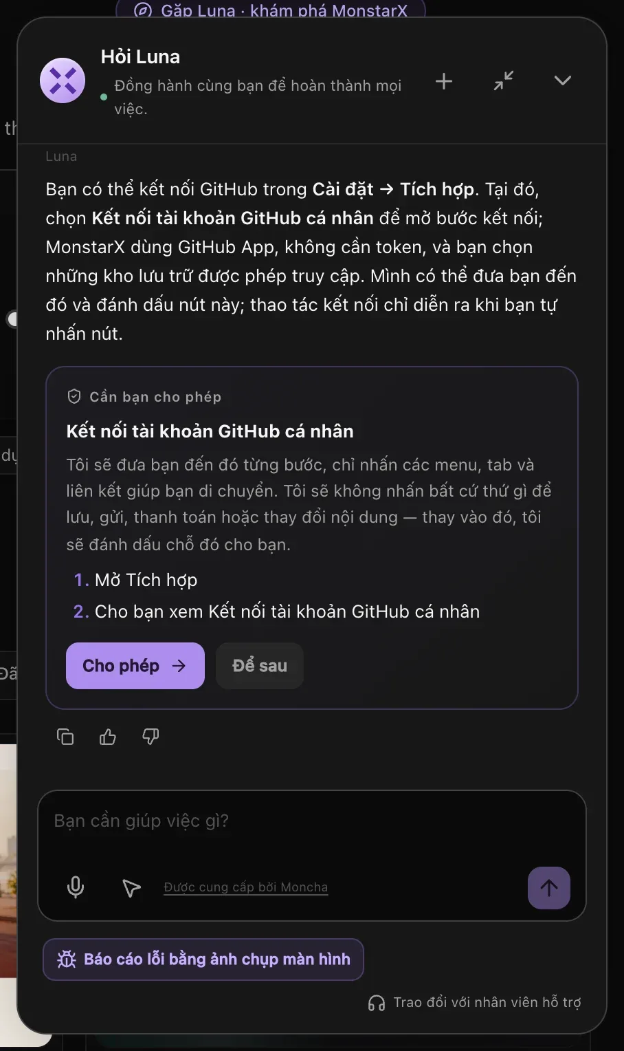 Câu trả lời của Hỏi Luna về cách kết nối GitHub, kèm thẻ Cần bạn cho phép liệt kê hai bước: Mở Tích hợp, rồi Cho bạn xem Kết nối tài khoản GitHub cá nhân, cùng các nút Cho phép và Để sau