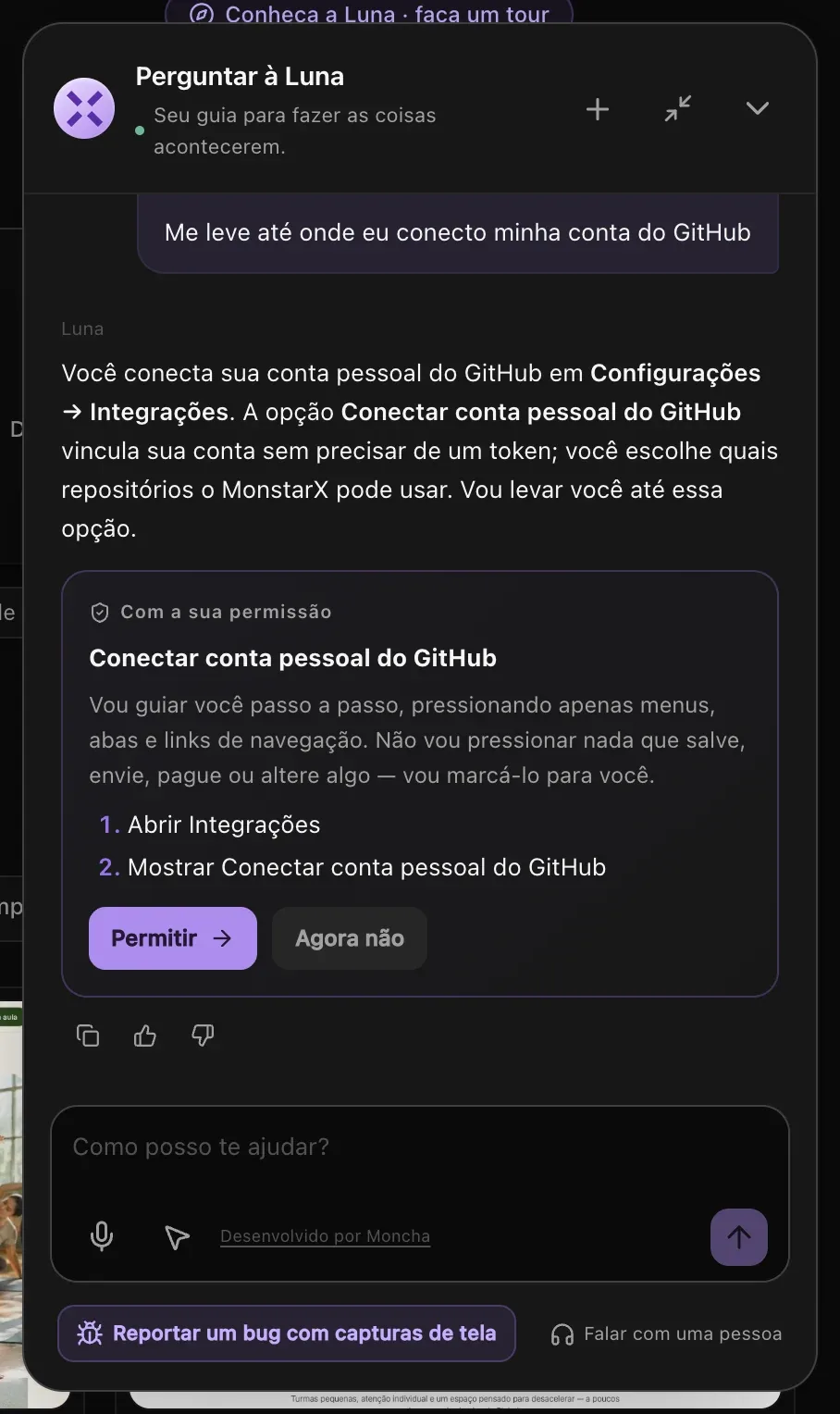 A resposta da Luna sobre como conectar o GitHub, em Configurações → Integrações, com um cartão Com a sua permissão, Conectar conta pessoal do GitHub, listando dois passos, Abrir Integrações e Mostrar Conectar conta pessoal do GitHub, e os botões Permitir e Agora não
