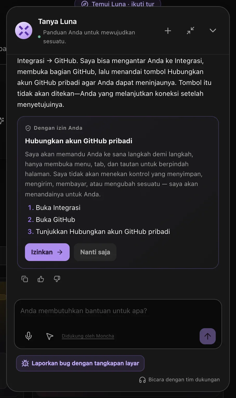 Jawaban Tanya Luna tentang menghubungkan GitHub, dengan kartu Dengan izin Anda yang mencantumkan tiga langkah: Buka Integrasi, Buka GitHub, lalu Tunjukkan Hubungkan akun GitHub pribadi, serta tombol Izinkan dan Nanti saja