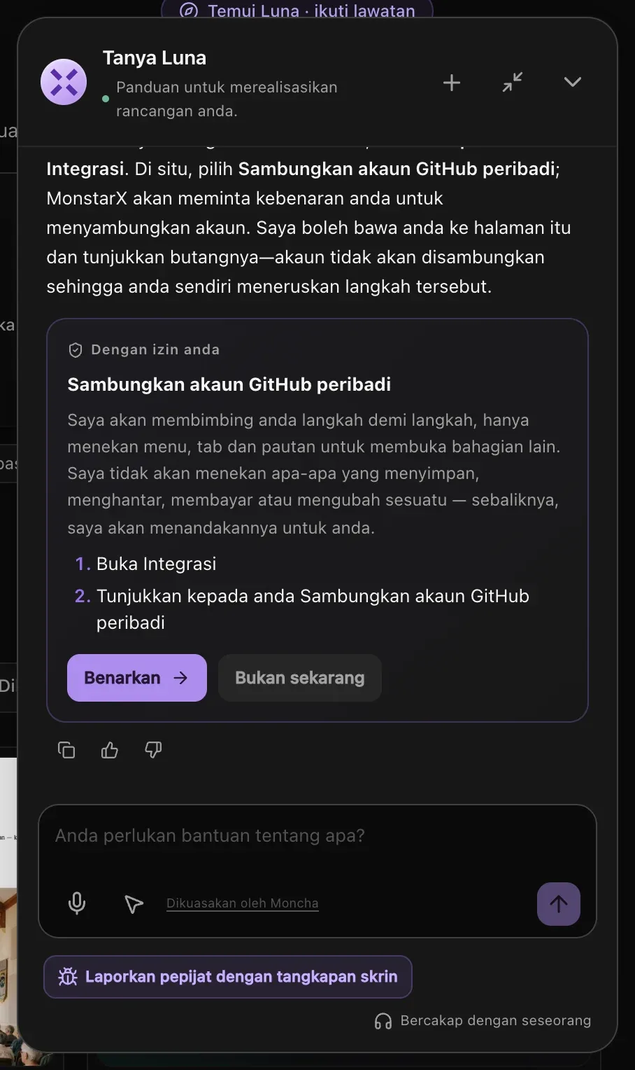 Jawapan Tanya Luna tentang cara menyambungkan GitHub, dengan kad Dengan izin anda yang menyenaraikan dua langkah: membuka Integrasi, kemudian menunjukkan Sambungkan akaun GitHub peribadi, serta butang Benarkan dan Bukan sekarang