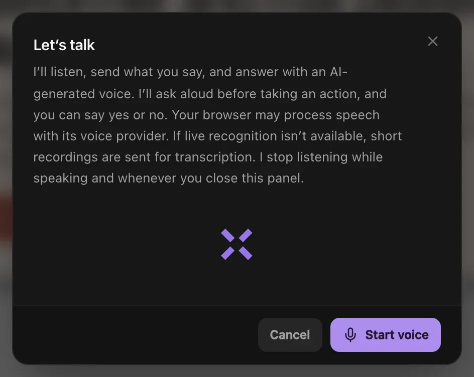 Let's talk: Luna listens, sends what you say and answers with an AI-generated voice, asks aloud before taking an action, with Cancel and Start voice buttons