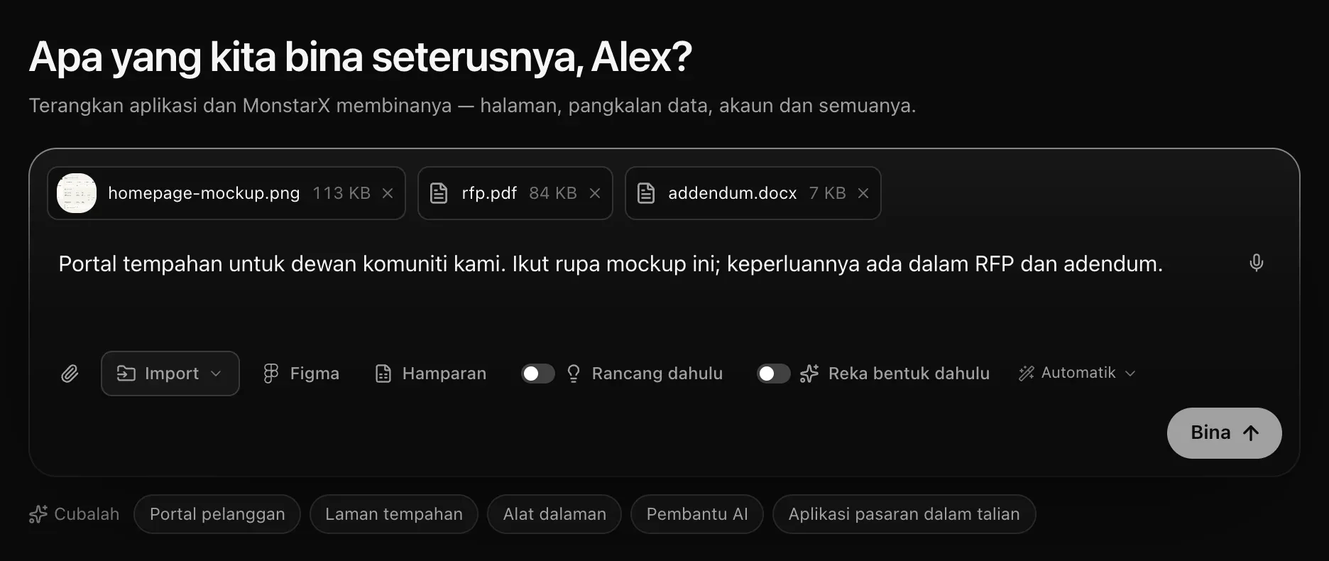Kotak prom dengan tiga cip — homepage-mockup.png 113 KB, rfp.pdf 84 KB dan addendum.docx 7 KB — di atas permintaan yang menyebut mockup dan RFP itu