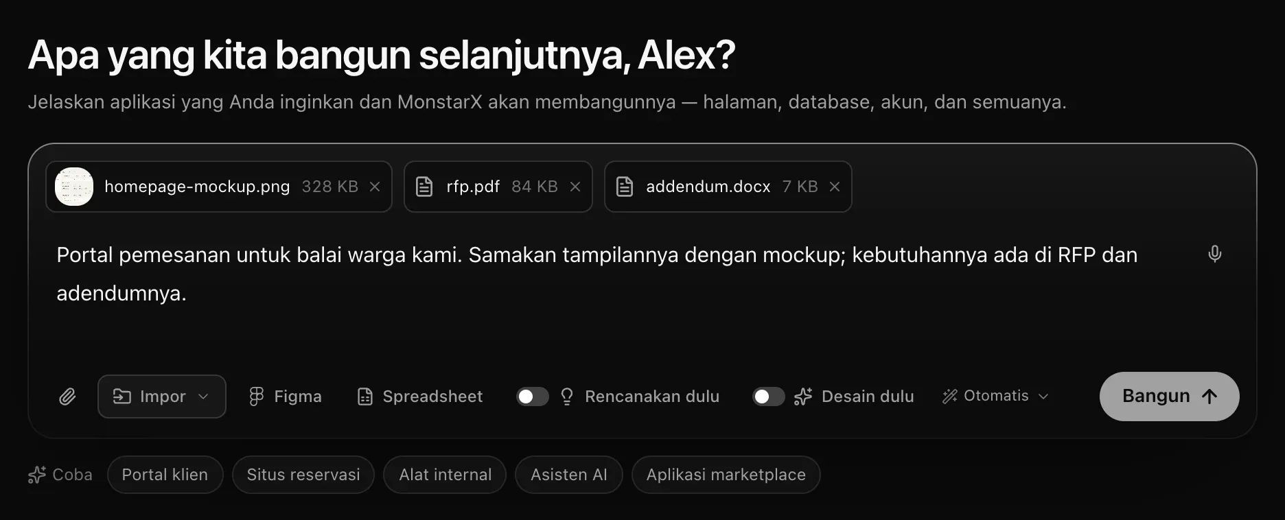 Kotak prompt dengan tiga chip — homepage-mockup.png 328 KB, rfp.pdf 84 KB, dan addendum.docx 7 KB — di atas permintaan yang menyebut mockup dan RFP tersebut