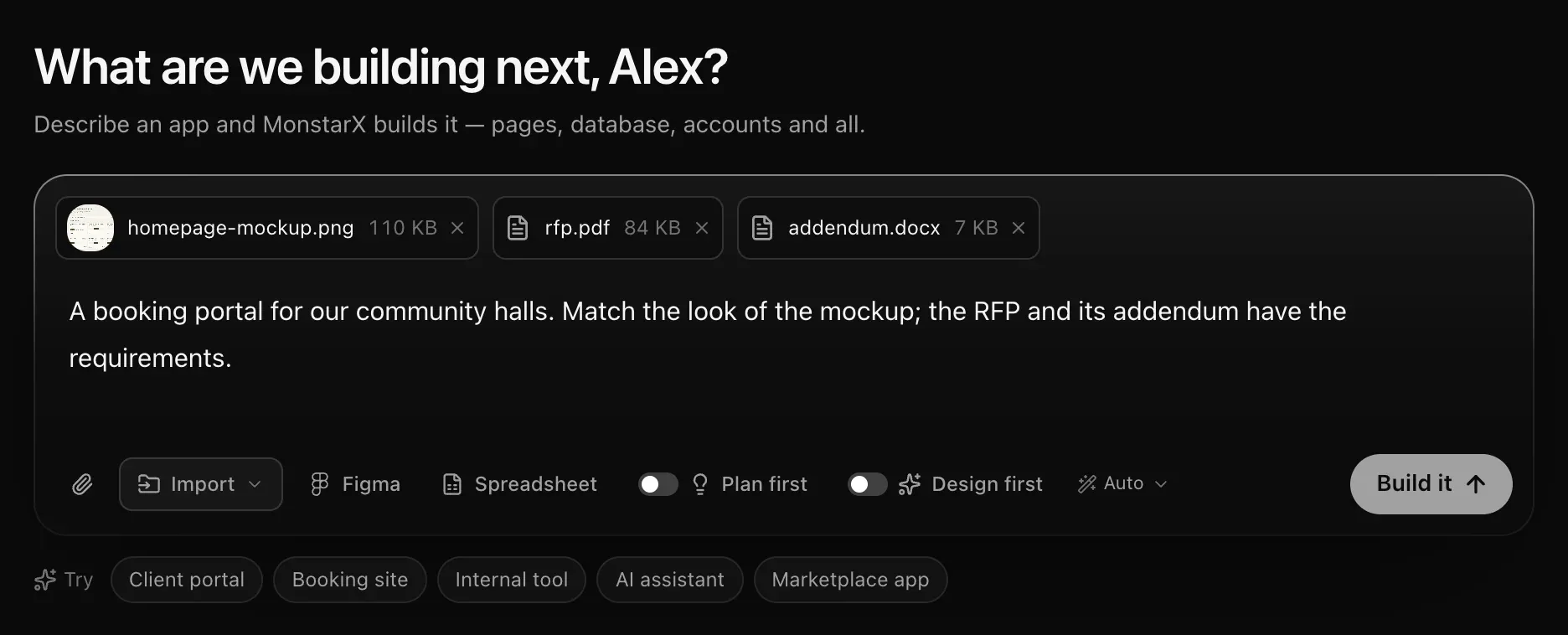 The prompt box with three chips — homepage-mockup.png 110 KB, rfp.pdf 84 KB and addendum.docx 7 KB — above a request that mentions the mockup and the RFP