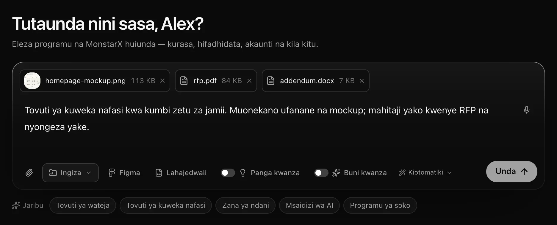 Kisanduku cha ombi chenye vibandiko vitatu — homepage-mockup.png 113 KB, rfp.pdf 84 KB na addendum.docx 7 KB — juu ya ombi linalotaja mfano wa muundo na RFP