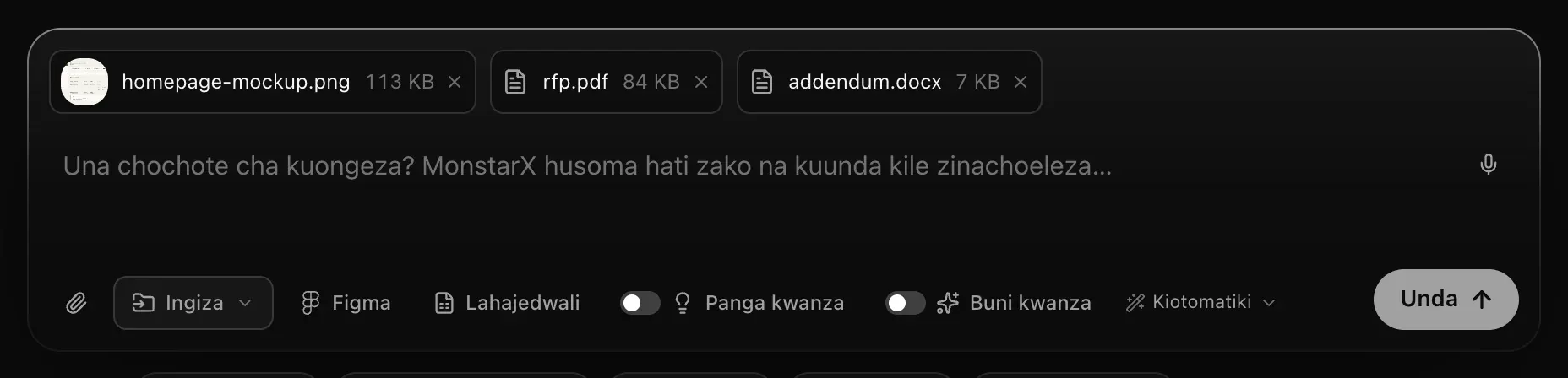 Kisanduku cha ombi chenye mfano wa muundo, rfp.pdf na addendum.docx vimeambatishwa na maelezo Una chochote cha kuongeza? MonstarX husoma hati zako na kuunda kile zinachoeleza…
