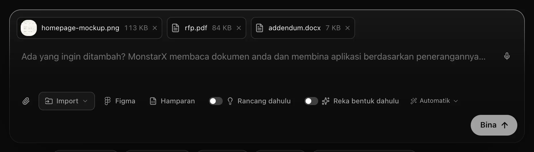 Kotak prom dengan mockup, rfp.pdf dan addendum.docx dilampirkan tanpa teks: petunjuknya berbunyi Ada yang ingin ditambah? MonstarX membaca dokumen anda dan membina aplikasi berdasarkan penerangannya…