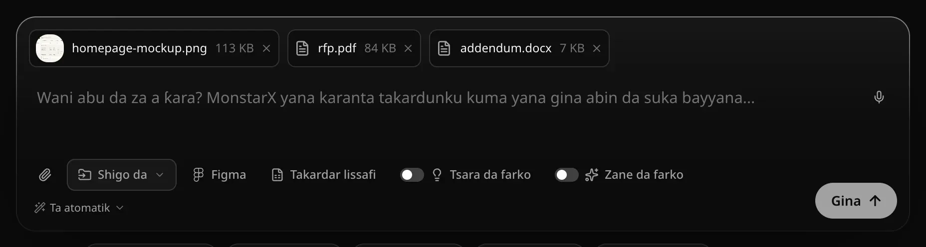 Akwatin rubutu da aka haɗa hoton zane, rfp.pdf da addendum.docx, da rubutun jagora Wani abu da za a ƙara? MonstarX yana karanta takardunku kuma yana gina abin da suka bayyana…