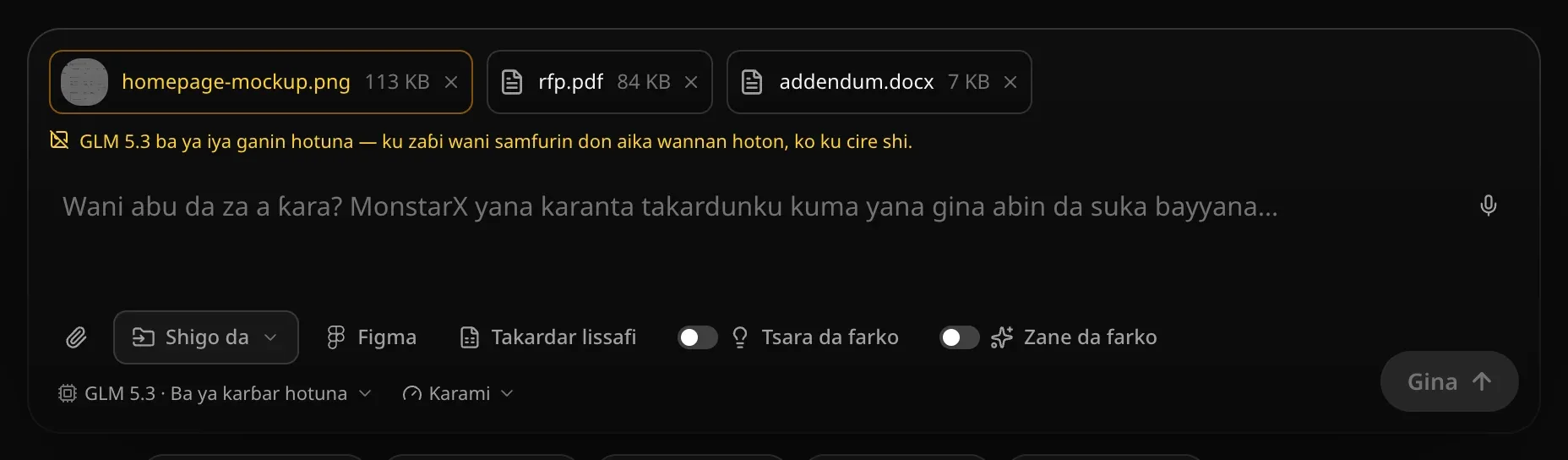 Akwatin rubutu da aka zaɓi GLM 5.3 · Ba ya karɓar hotuna: katin hoton launin ruwan ɗorawa ne, kuma sanarwa tana cewa GLM 5.3 ba ya iya ganin hotuna — ku zaɓi wani samfurin don aika wannan hoton, ko ku cire shi. Maɓallin Gina ya dushe.