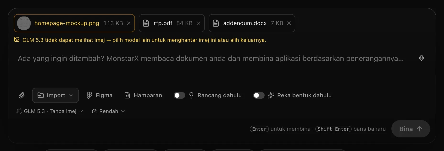 Kotak prom dengan GLM 5.3 · Tanpa imej dipilih: cip gambar berwarna kuning ambar dan nota berbunyi GLM 5.3 tidak dapat melihat imej — pilih model lain untuk menghantar imej ini atau alih keluarnya. Butang Bina berwarna kelabu.
