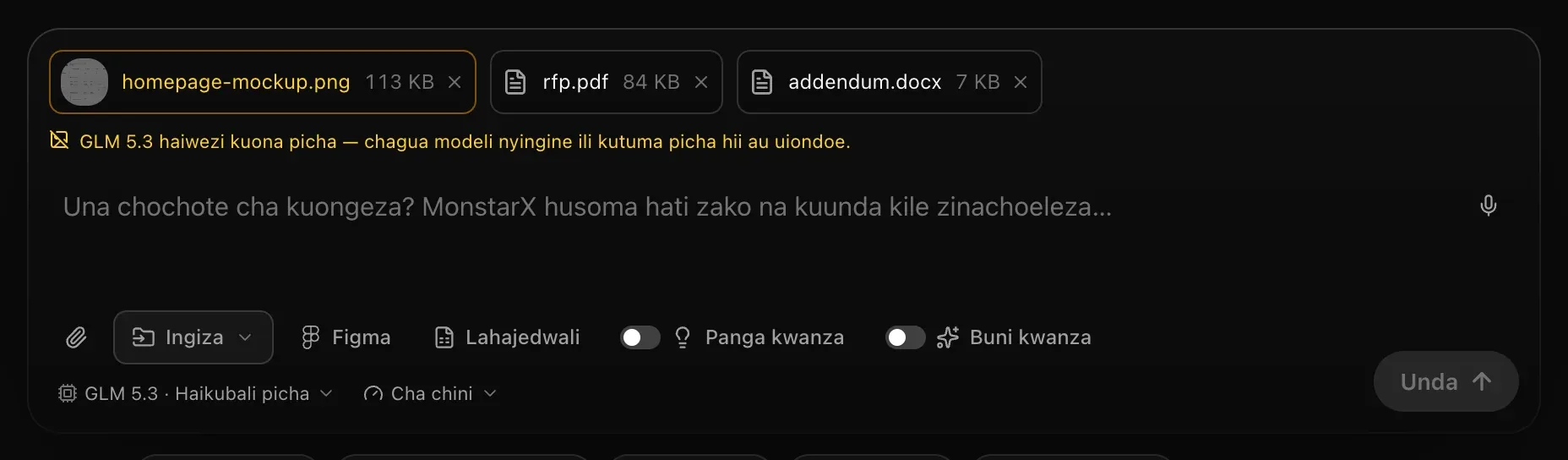 Kisanduku cha ombi kikiwa na GLM 5.3 · Haikubali picha imechaguliwa: kibandiko cha picha ni cha rangi ya manjano iliyokolea na ujumbe unasema GLM 5.3 haiwezi kuona picha — chagua modeli nyingine ili kutuma picha hii au uiondoe. Kitufe cha Unda kimefifia.