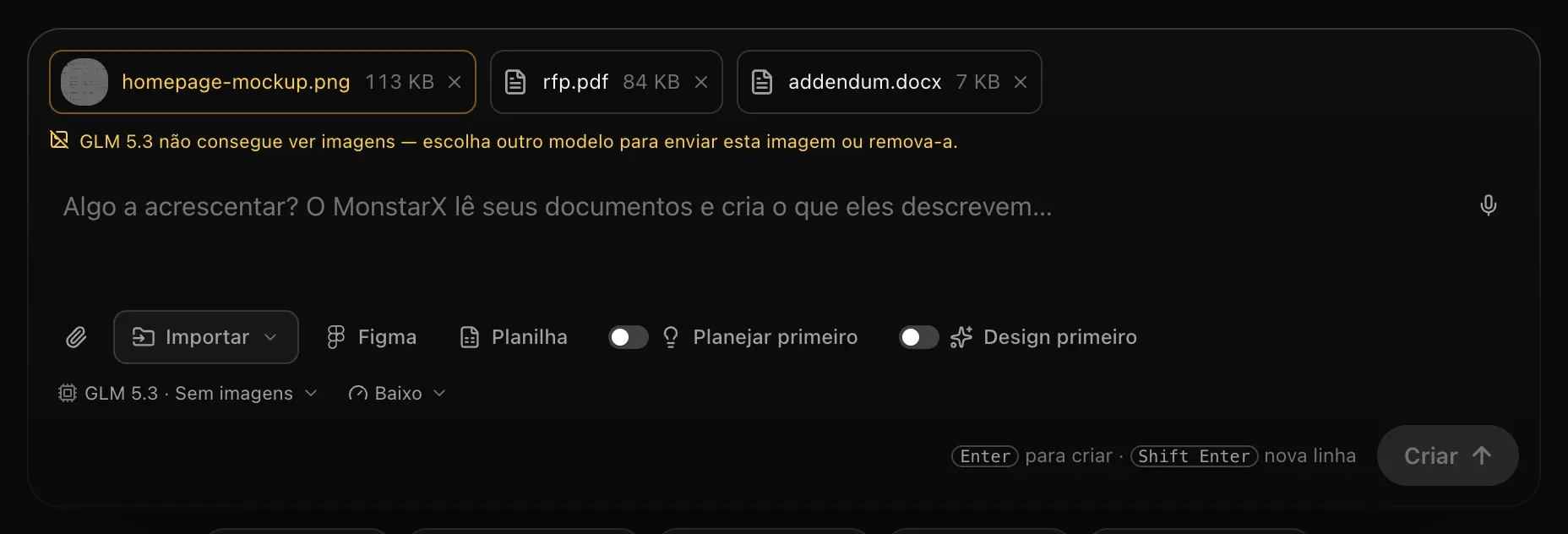 A caixa de texto com GLM 5.3 · Sem imagens escolhido: a etiqueta da imagem está em âmbar e um aviso diz GLM 5.3 não consegue ver imagens — escolha outro modelo para enviar esta imagem ou remova-a. Criar está desativado.