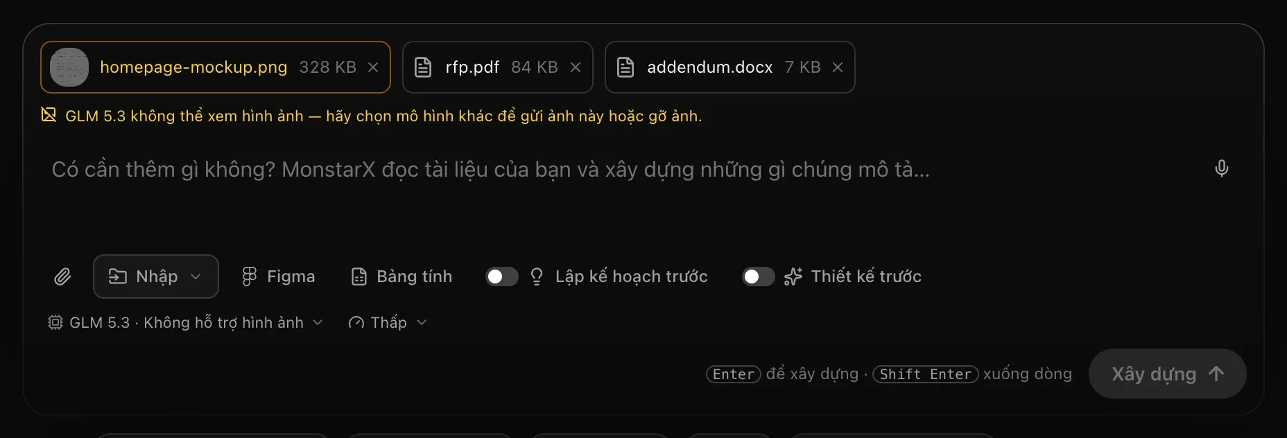 Ô nhập câu lệnh đang chọn GLM 5.3 · Không hỗ trợ hình ảnh: thẻ ảnh màu hổ phách và dòng thông báo GLM 5.3 không thể xem hình ảnh — hãy chọn mô hình khác để gửi ảnh này hoặc gỡ ảnh. Nút Xây dựng bị làm mờ.