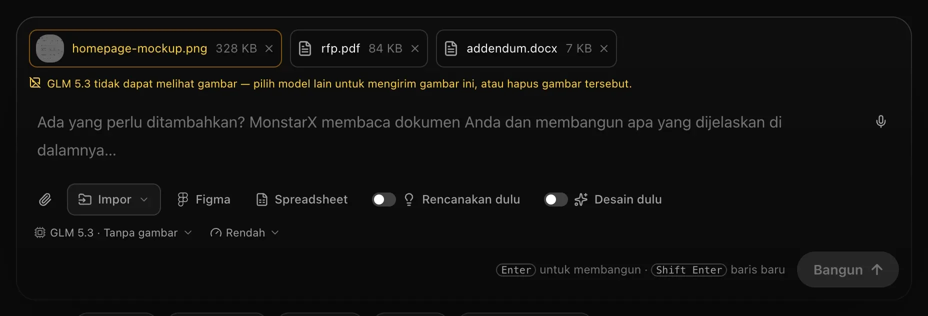 Kotak prompt dengan GLM 5.3 · Tanpa gambar dipilih: chip gambar berwarna kuning dan catatan berbunyi “GLM 5.3 tidak dapat melihat gambar — pilih model lain untuk mengirim gambar ini, atau hapus gambar tersebut.” Tombol Bangun berwarna abu-abu.