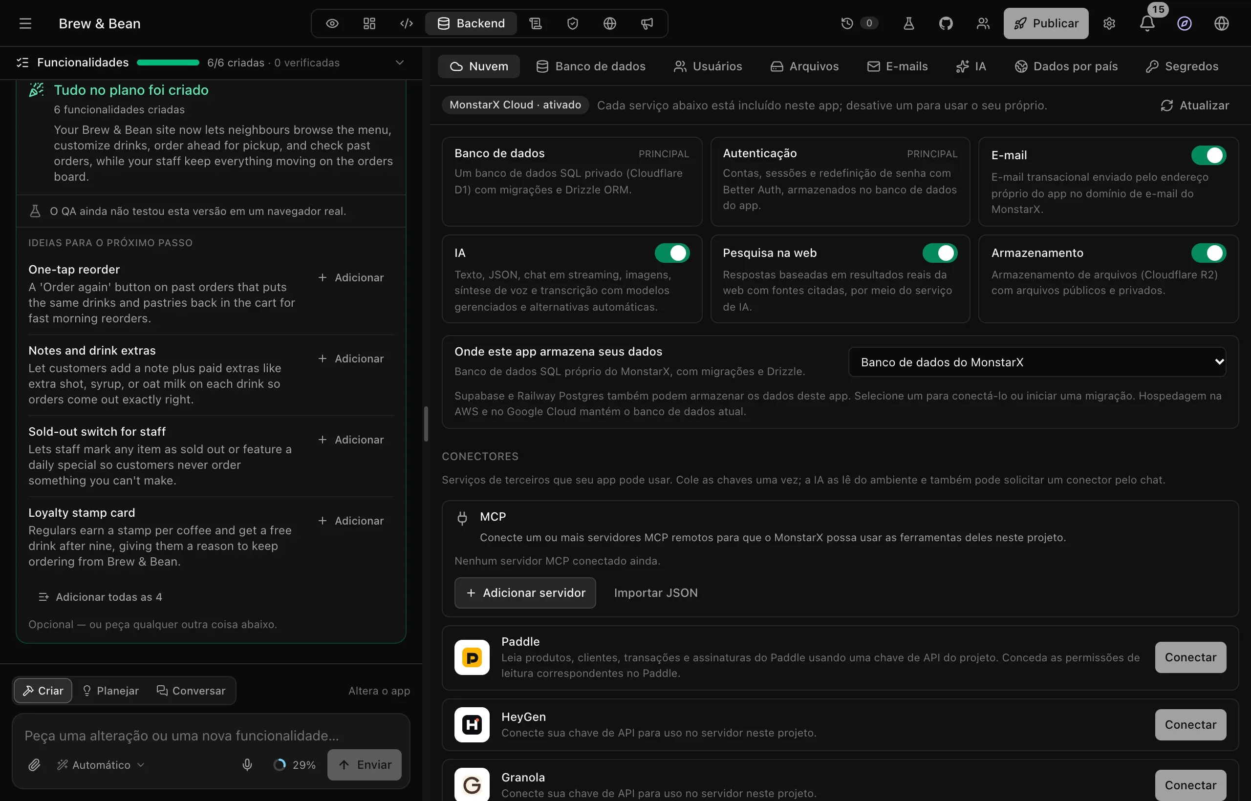 O espaço de trabalho do Brew & Bean com a aba Backend aberta em Nuvem, mostrando os serviços Banco de dados, Autenticação, E-mail, IA, Pesquisa na web e Armazenamento