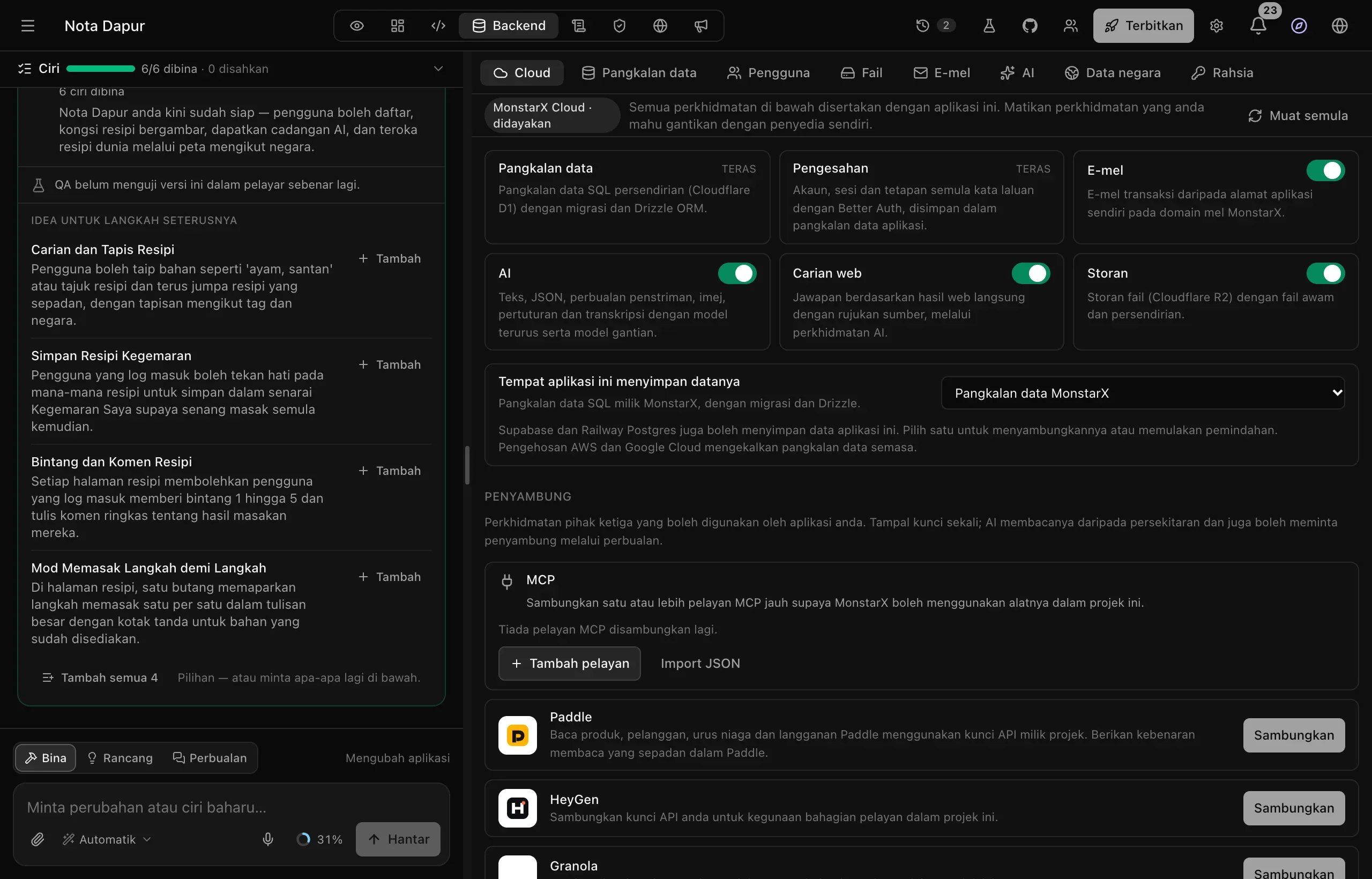 Ruang kerja aplikasi resipi Nota Dapur dengan tab Backend dibuka pada Cloud, menunjukkan perkhidmatan Pangkalan data, Pengesahan, E-mel, AI, Carian web dan Storan