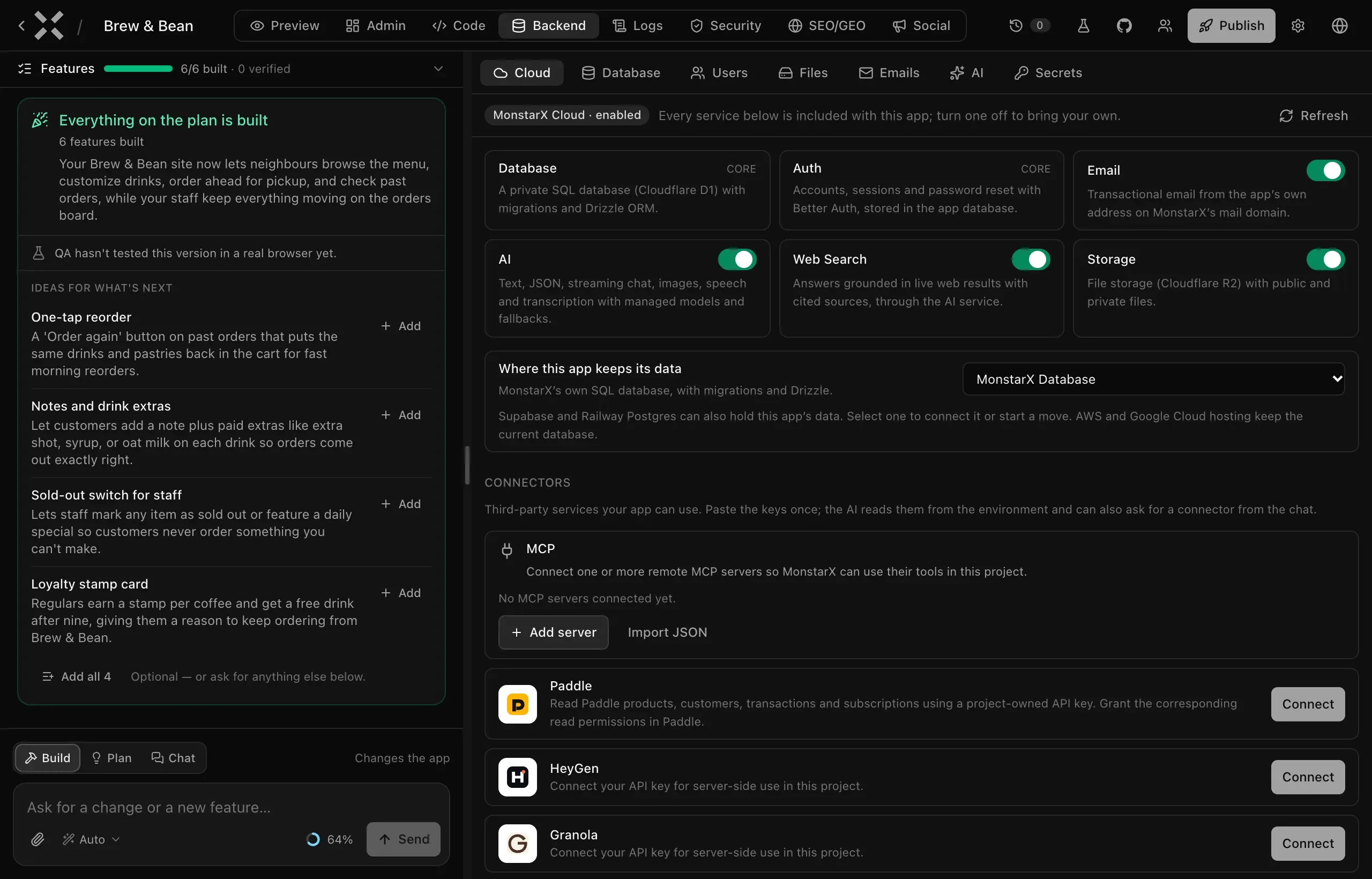 The Brew & Bean workspace with the Backend tab open on Cloud, showing the Database, Auth, Email, AI, Web Search and Storage services