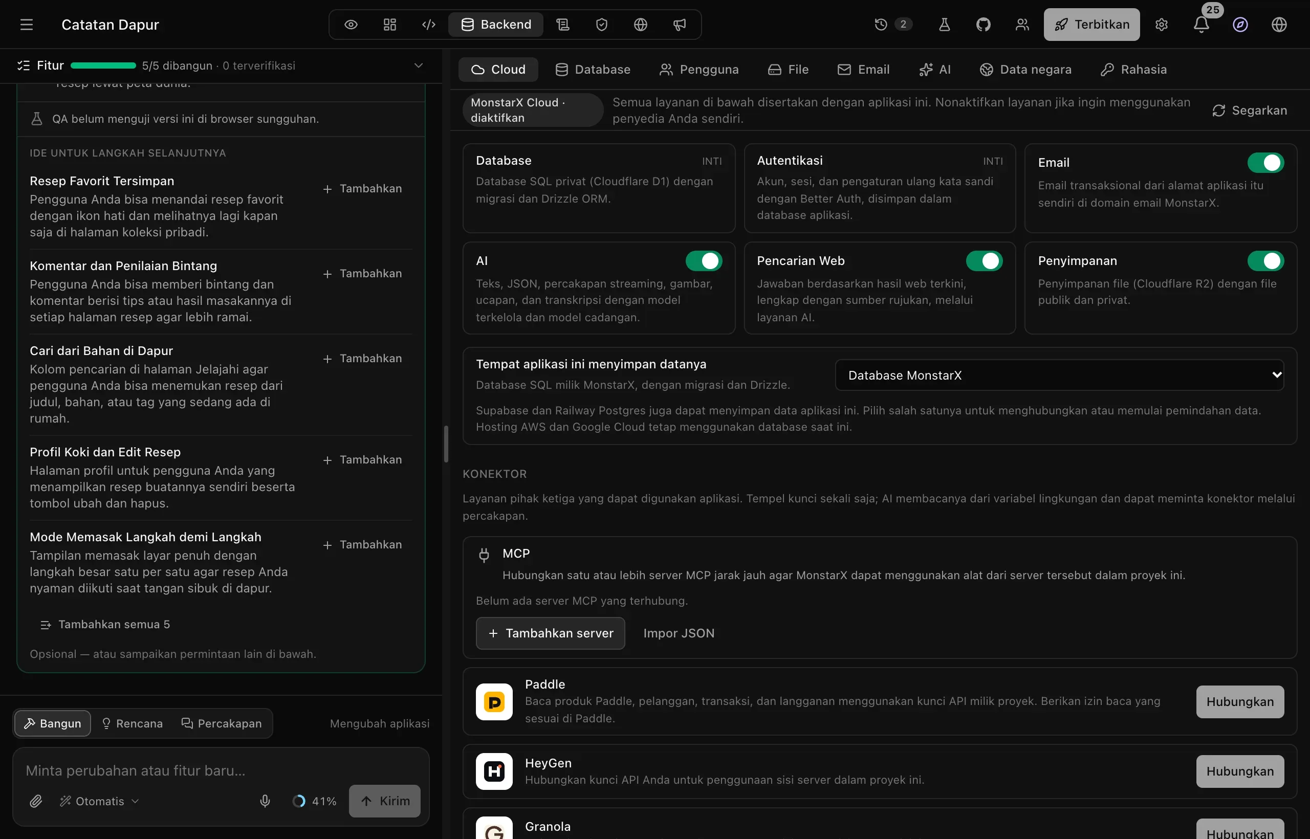 Ruang kerja Catatan Dapur dengan tab Backend terbuka di bagian Cloud, menampilkan layanan Database, Autentikasi, Email, AI, Pencarian Web, dan Penyimpanan