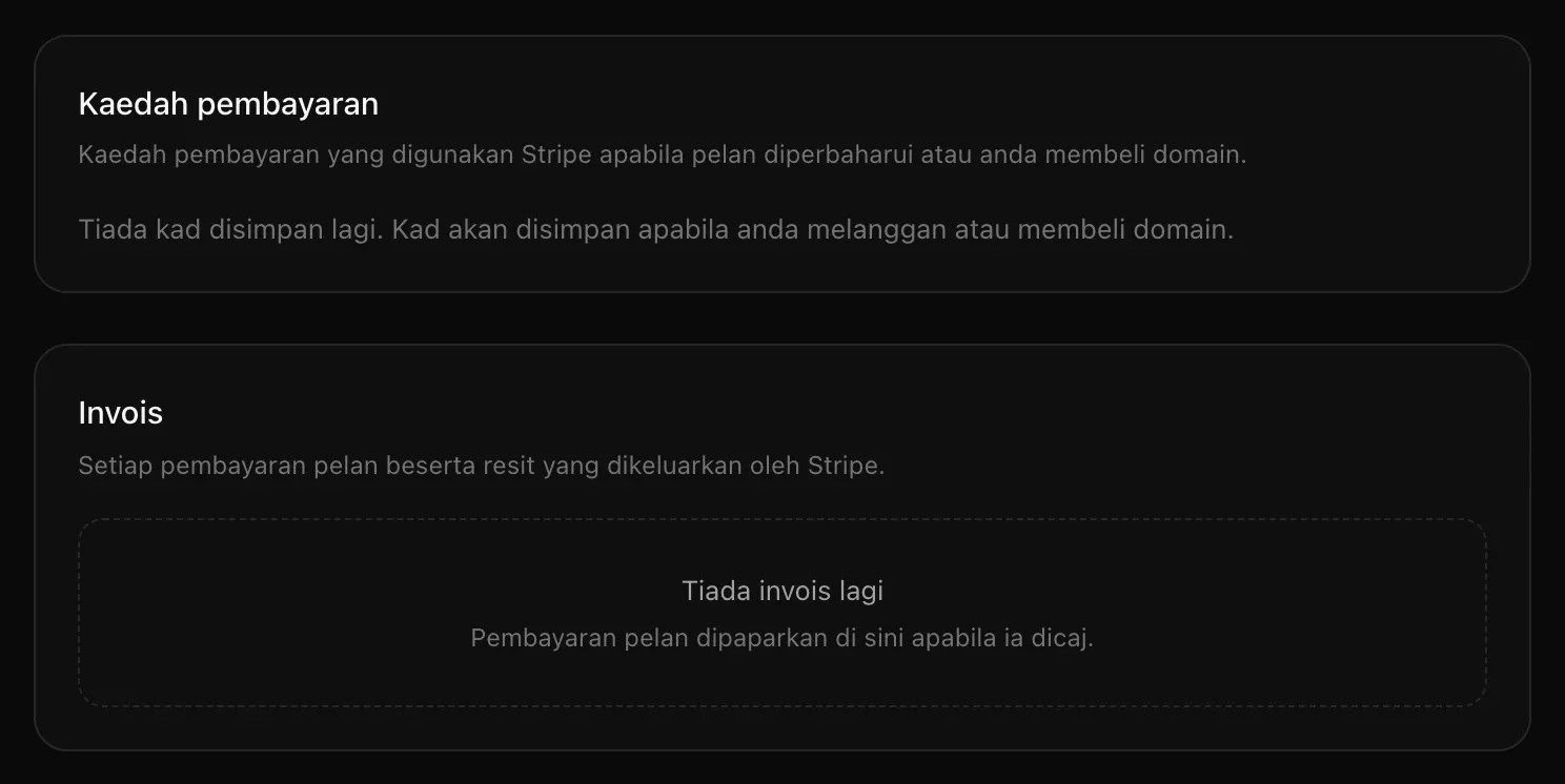 Kad Kaedah pembayaran yang menyatakan belum ada kad disimpan, dan kad Invois yang menyatakan belum ada invois