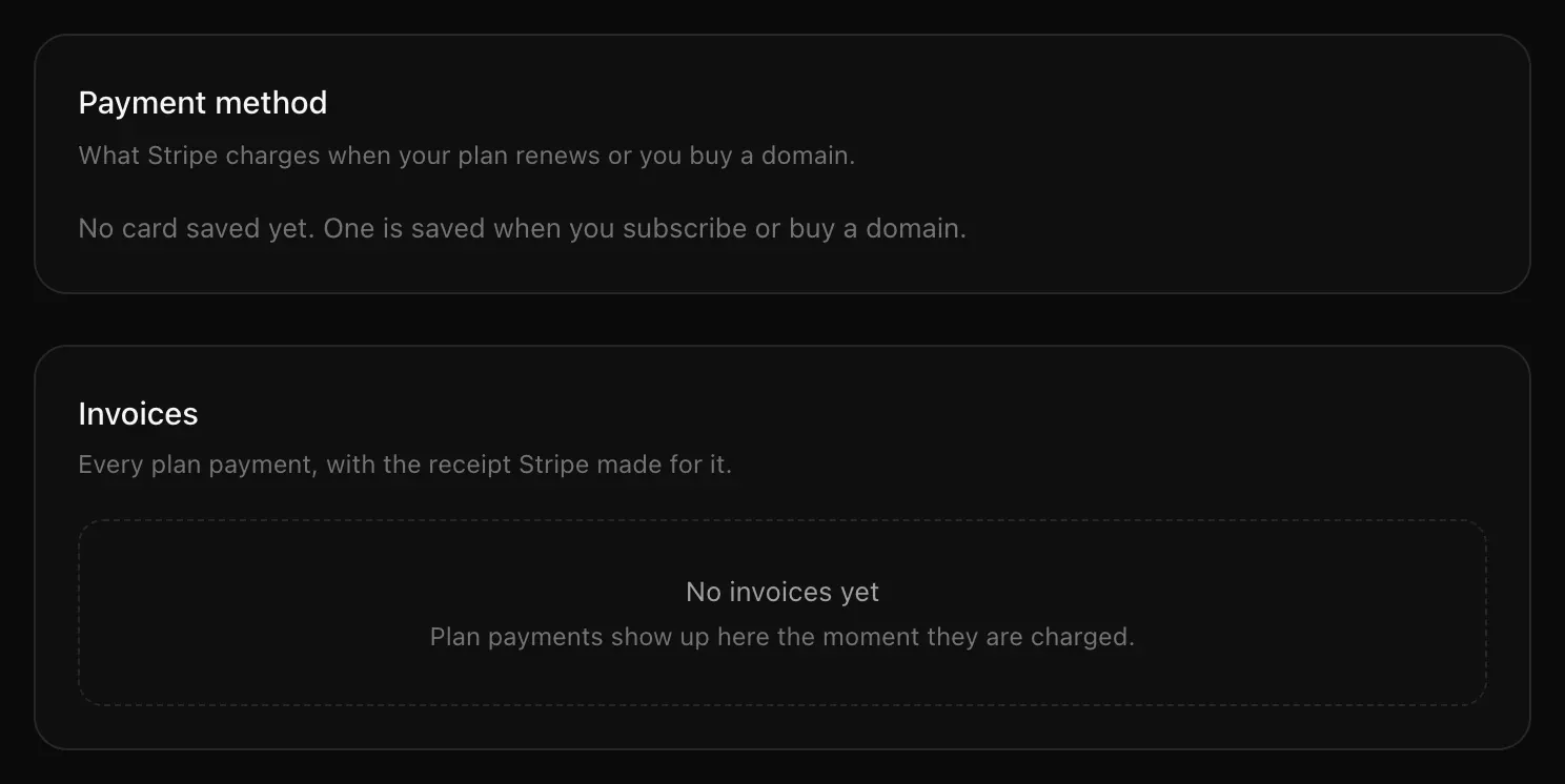 The Payment method card saying no card is saved yet, and the Invoices card saying no invoices yet