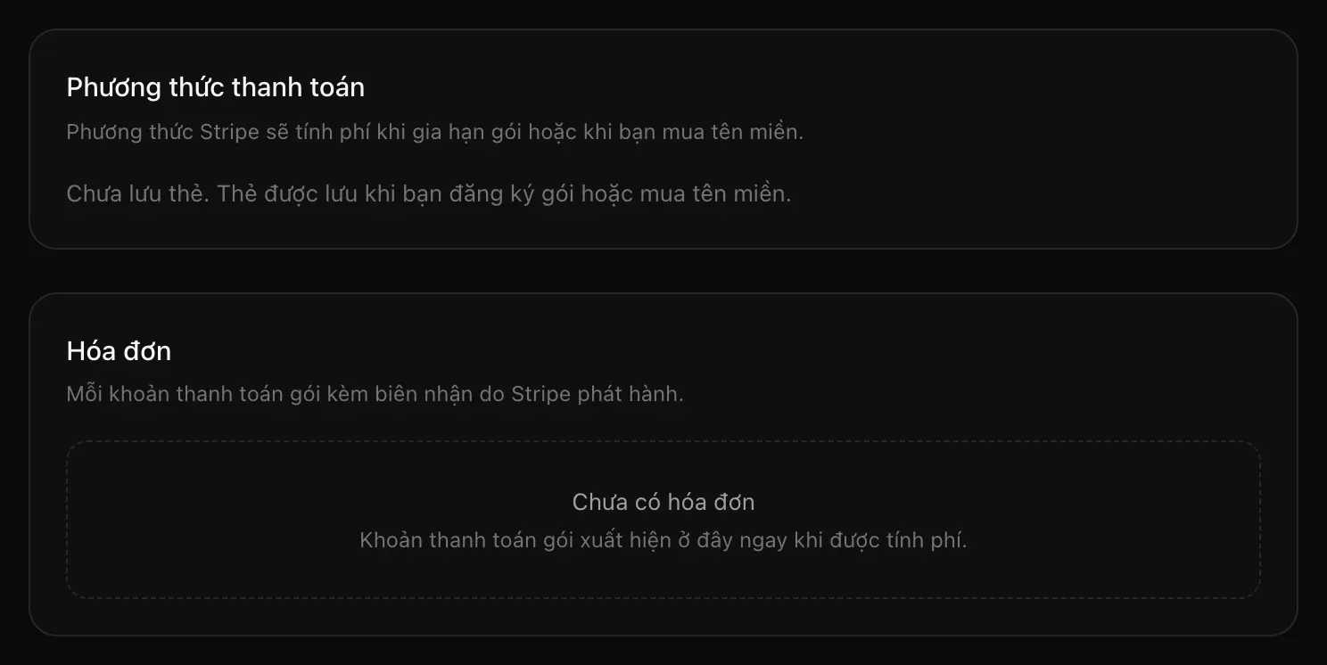 Thẻ Phương thức thanh toán báo chưa lưu thẻ nào, và thẻ Hóa đơn báo chưa có hóa đơn