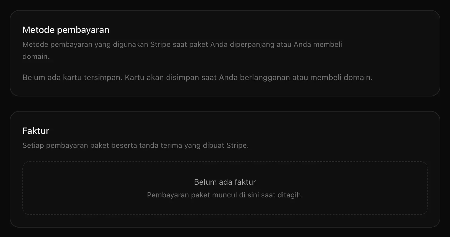 Kartu Metode pembayaran yang menyatakan belum ada kartu tersimpan, dan kartu Faktur yang menyatakan belum ada faktur