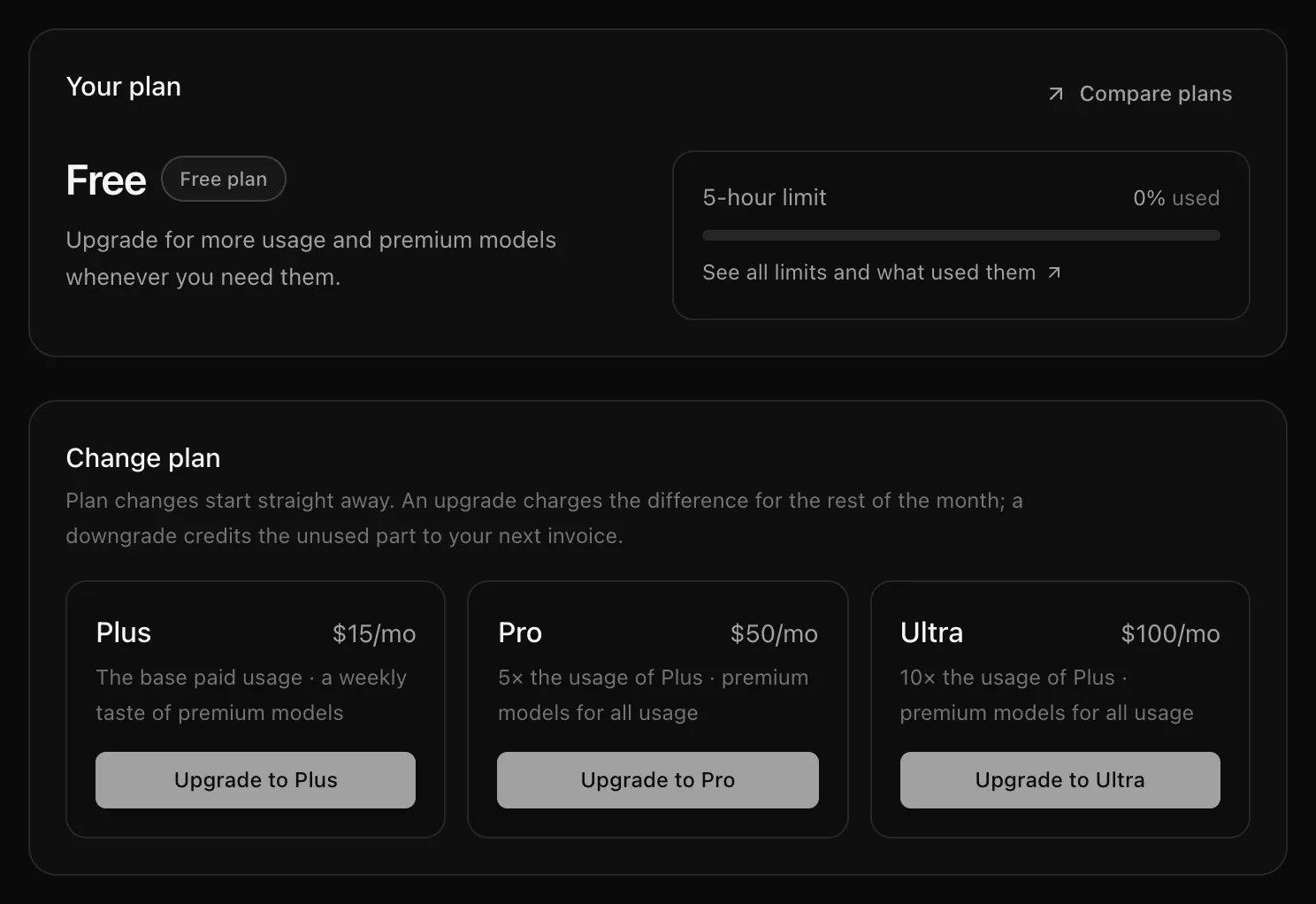 Plan & billing on the Free plan: the Your plan card, and Change plan with Upgrade to Plus, Upgrade to Pro and Upgrade to Ultra buttons