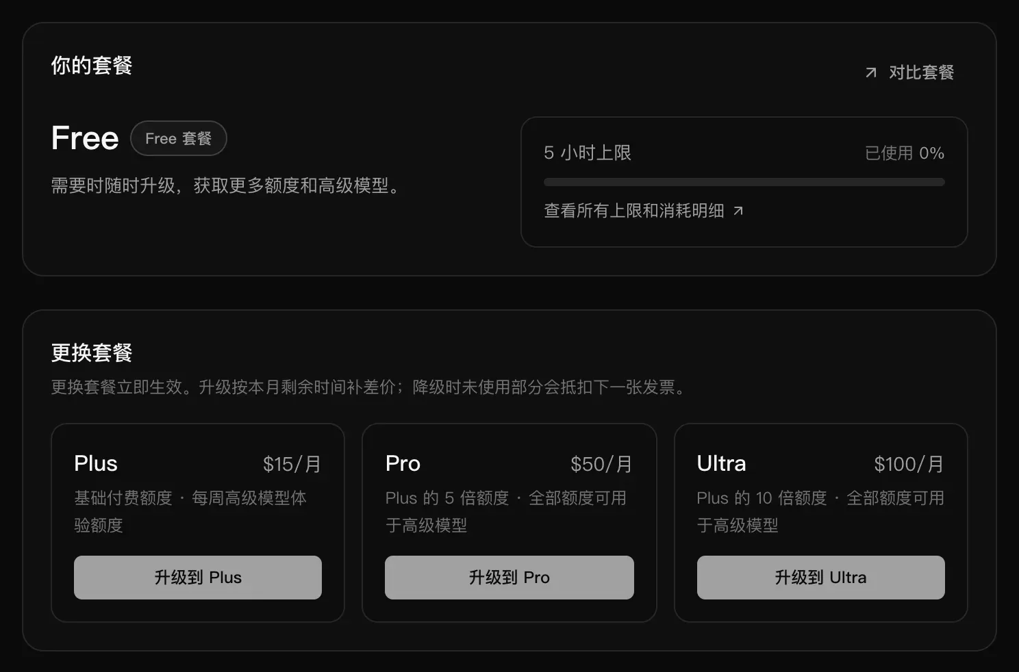 Free 套餐下的“套餐与账单”页面：“你的套餐”卡片，以及“更换套餐”中的“升级到 Plus”“升级到 Pro”和“升级到 Ultra”按钮