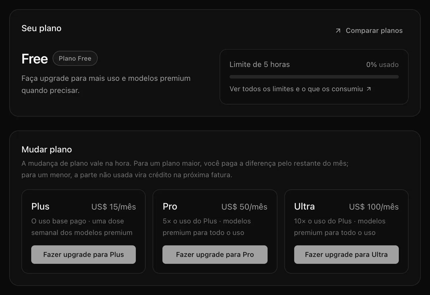 Plano e cobrança no plano Free: o cartão Seu plano e, em Mudar plano, os botões Fazer upgrade para Plus, Fazer upgrade para Pro e Fazer upgrade para Ultra