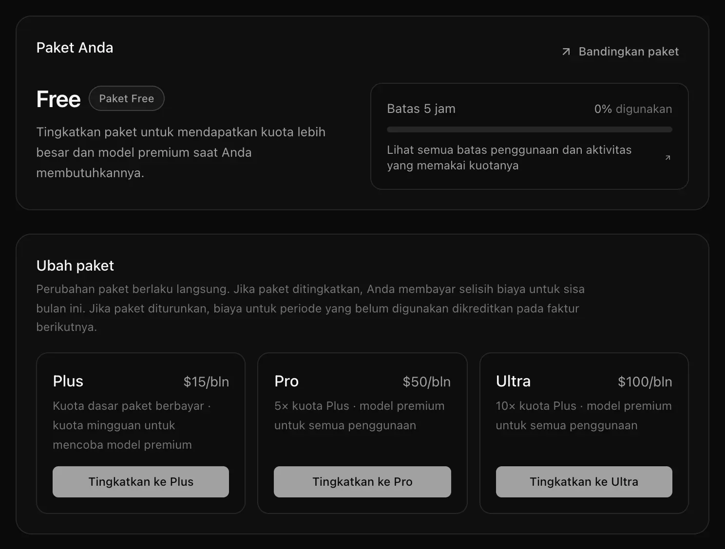 Paket & penagihan di paket Free: kartu Paket Anda, dan Ubah paket dengan tombol Tingkatkan ke Plus, Tingkatkan ke Pro, dan Tingkatkan ke Ultra