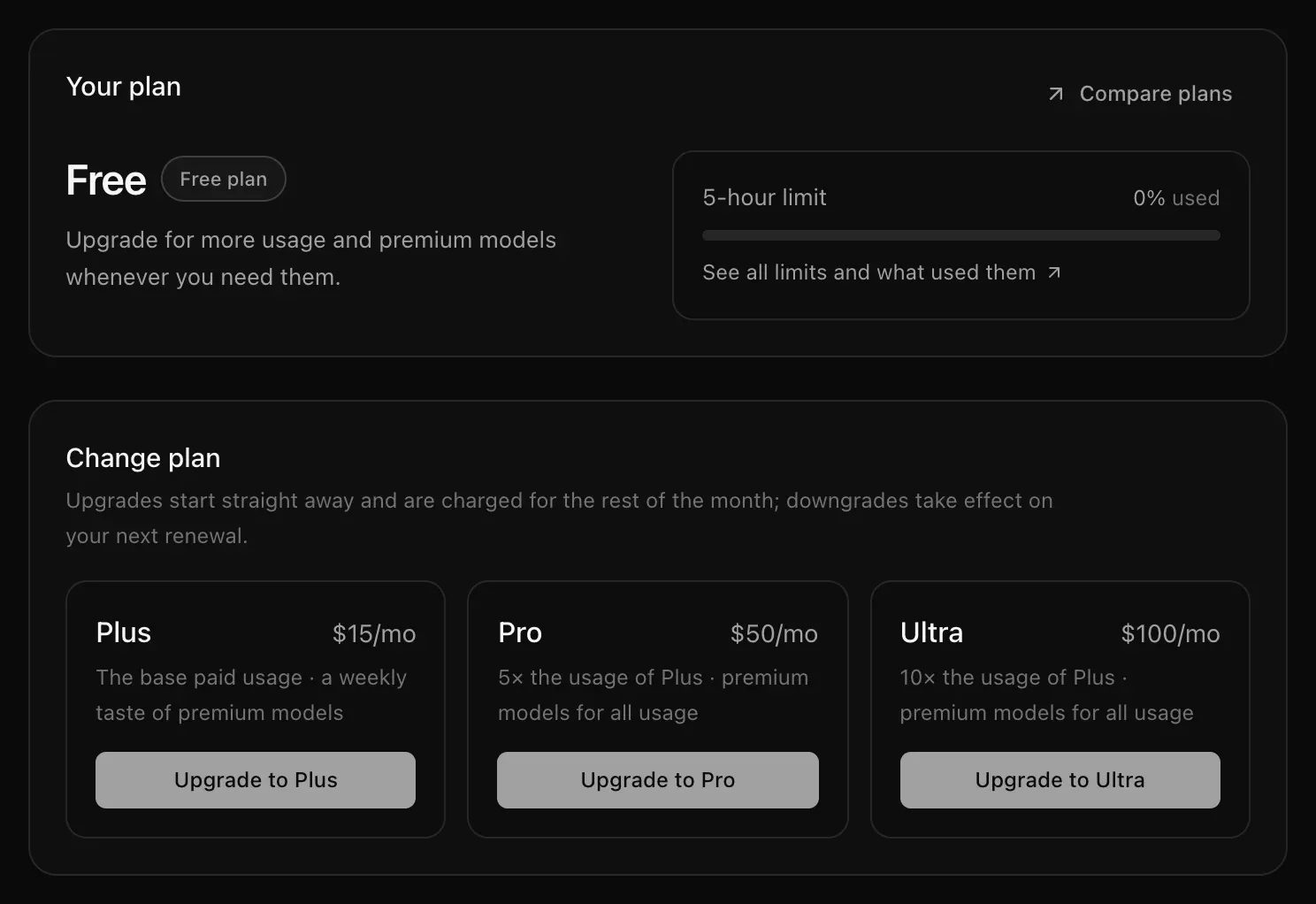 Plan & billing on the Free plan: the Your plan card, and Change plan with Upgrade to Plus, Upgrade to Pro and Upgrade to Ultra buttons