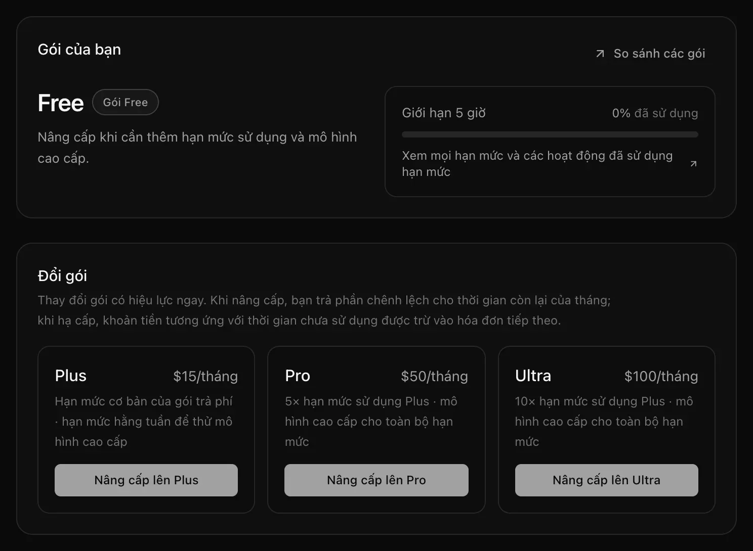 Gói dịch vụ và thanh toán khi đang dùng gói Free: thẻ Gói của bạn, và Đổi gói với các nút Nâng cấp lên Plus, Nâng cấp lên Pro và Nâng cấp lên Ultra