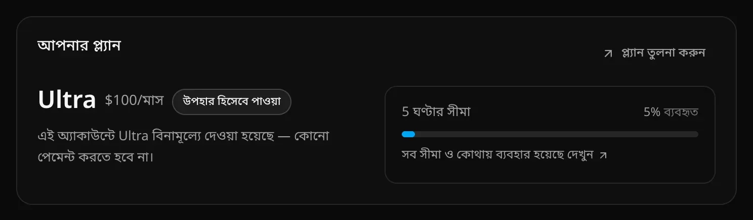 আপনার প্ল্যান কার্ড: $100/মাস দামের Ultra, পাশে উপহার হিসেবে পাওয়া লেবেল, প্ল্যান তুলনা করুন লিঙ্ক, আর 5 ঘণ্টার সীমা 5% ব্যবহৃত, সঙ্গে সব সীমা ও কোথায় ব্যবহার হয়েছে দেখুন