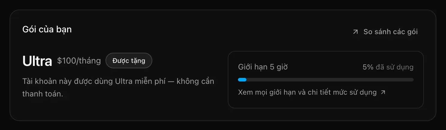 Thẻ Gói của bạn: Ultra giá $100/tháng với nhãn Được tặng, liên kết So sánh các gói, và dòng Giới hạn 5 giờ 5% đã sử dụng kèm Xem mọi giới hạn và chi tiết mức sử dụng