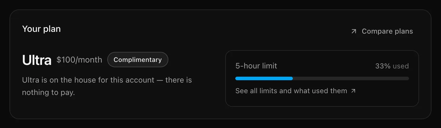 The Your plan card: Ultra at $100/month with a Complimentary label, a Compare plans link, and the 5-hour limit 33% used with See all limits and what used them