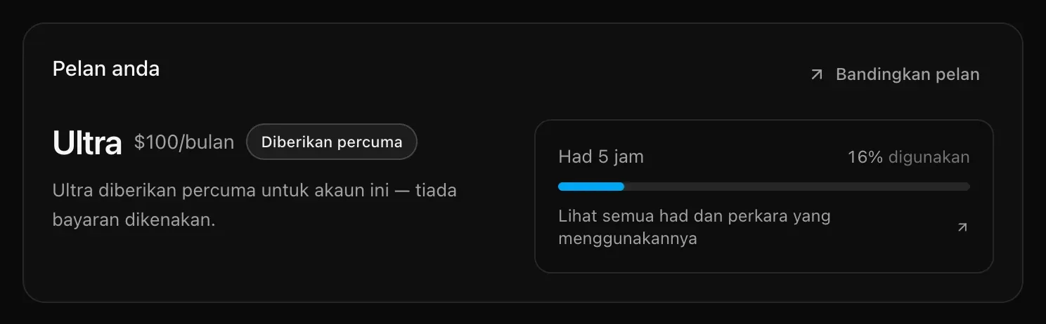 Kad Pelan anda: Ultra pada $100/bulan dengan label Diberikan percuma, pautan Bandingkan pelan, dan Had 5 jam 16% digunakan dengan Lihat semua had dan perkara yang menggunakannya