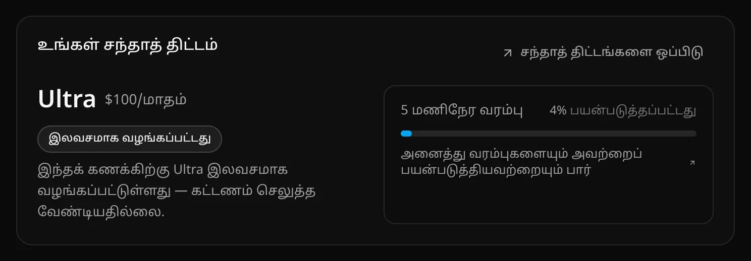 உங்கள் சந்தாத் திட்டம் அட்டை: “இலவசமாக வழங்கப்பட்டது” குறியுடன் Ultra $100/மாதம், சந்தாத் திட்டங்களை ஒப்பிடு இணைப்பு, 5 மணிநேர வரம்பு 4% பயன்படுத்தப்பட்டது, அனைத்து வரம்புகளையும் அவற்றைப் பயன்படுத்தியவற்றையும் பார்க்கும் இணைப்பு