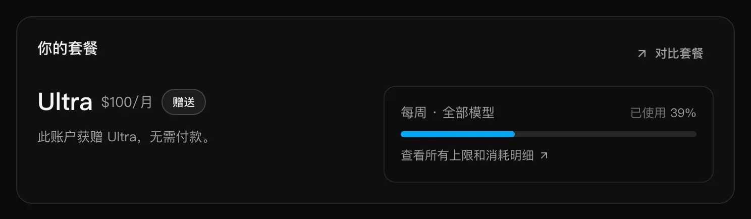 “你的套餐”卡片：Ultra，$100/月，带“赠送”标签，有“对比套餐”链接，“每周 · 全部模型”已使用 39%，下方是“查看所有上限和消耗明细”