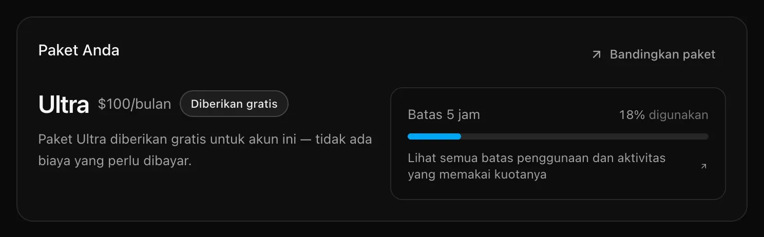 Kartu Paket Anda: Ultra seharga $100/bulan dengan label Diberikan gratis, tautan Bandingkan paket, serta Batas 5 jam 18% digunakan dengan tautan Lihat semua batas penggunaan dan aktivitas yang memakai kuotanya