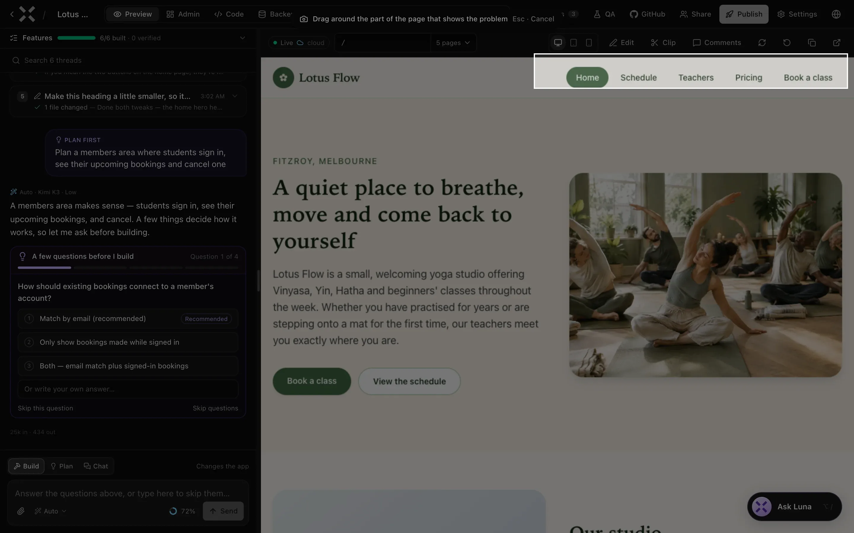 Capturing a section: the page is dimmed, the hint Drag around the part of the page that shows the problem sits at the top, and a white box is drawn around the app's menu and Cart button