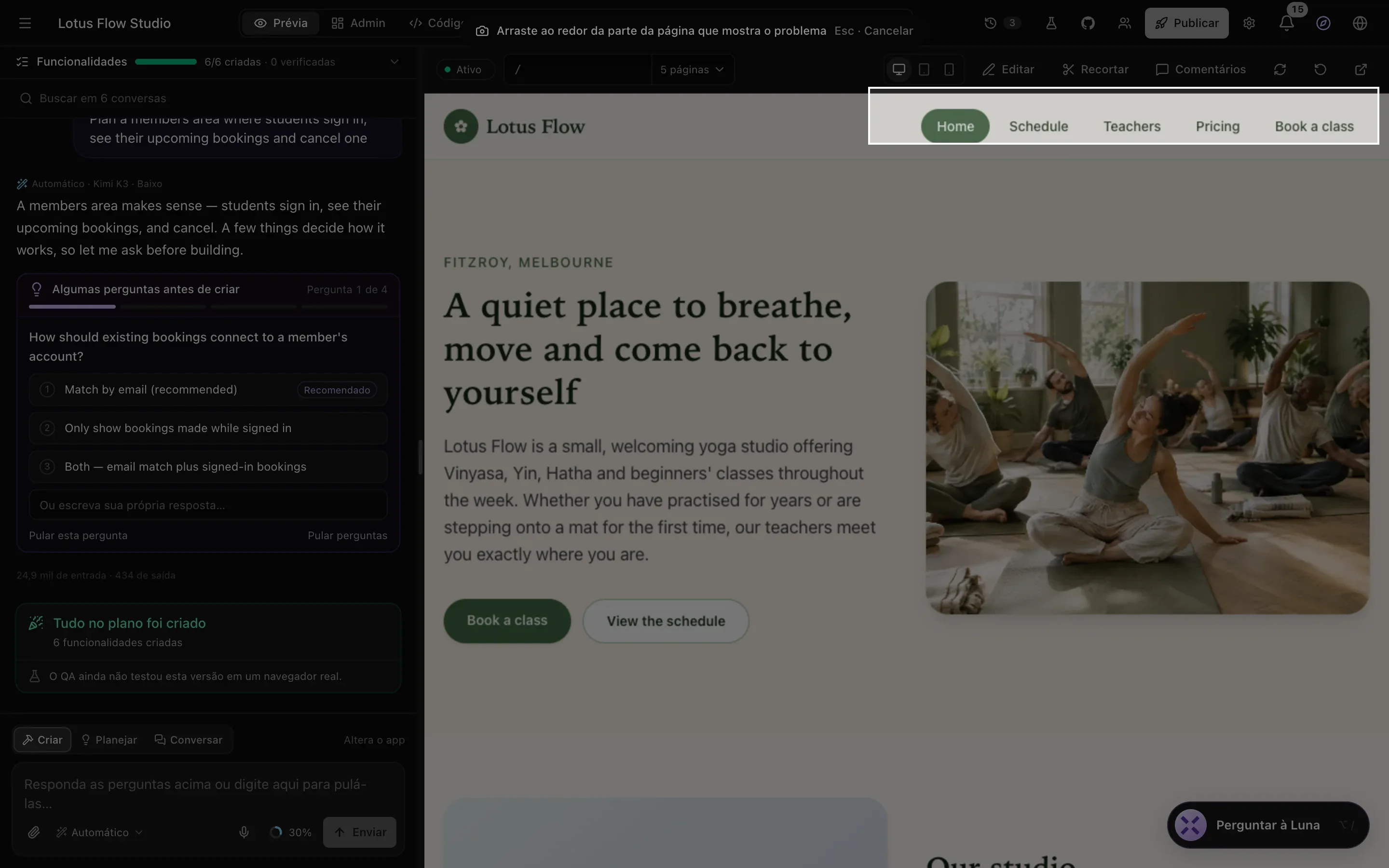 Capturando uma seção: a página escurecida, a dica Arraste ao redor da parte da página que mostra o problema no topo e um quadro branco desenhado em volta do menu do app (Home, Schedule, Teachers, Pricing e Book a class)