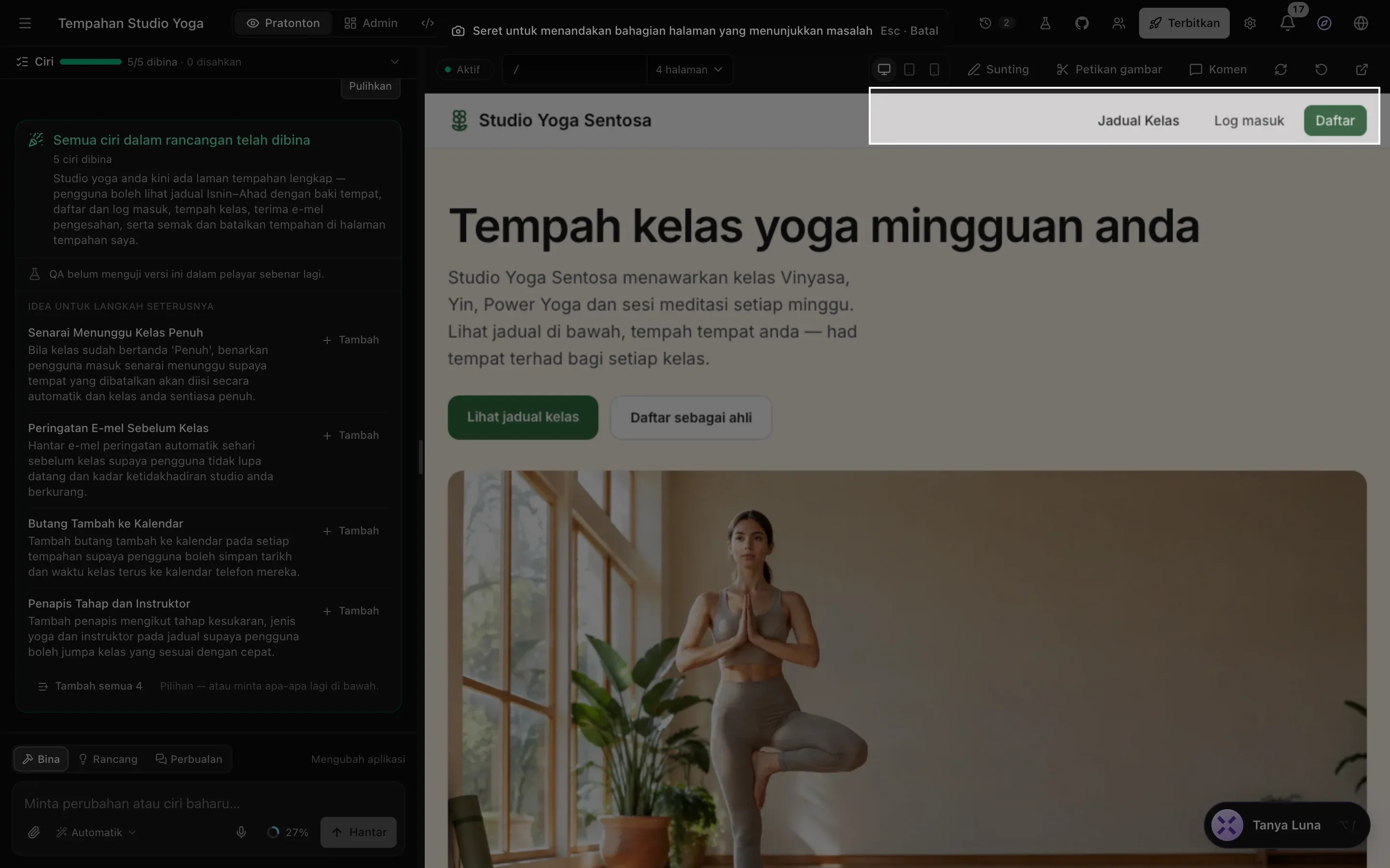 Merakam satu bahagian: halaman dimalapkan, petunjuk Seret untuk menandakan bahagian halaman yang menunjukkan masalah berada di bahagian atas, dan kotak putih dilukis di sekeliling menu Jadual Kelas, Log masuk dan Daftar aplikasi yoga