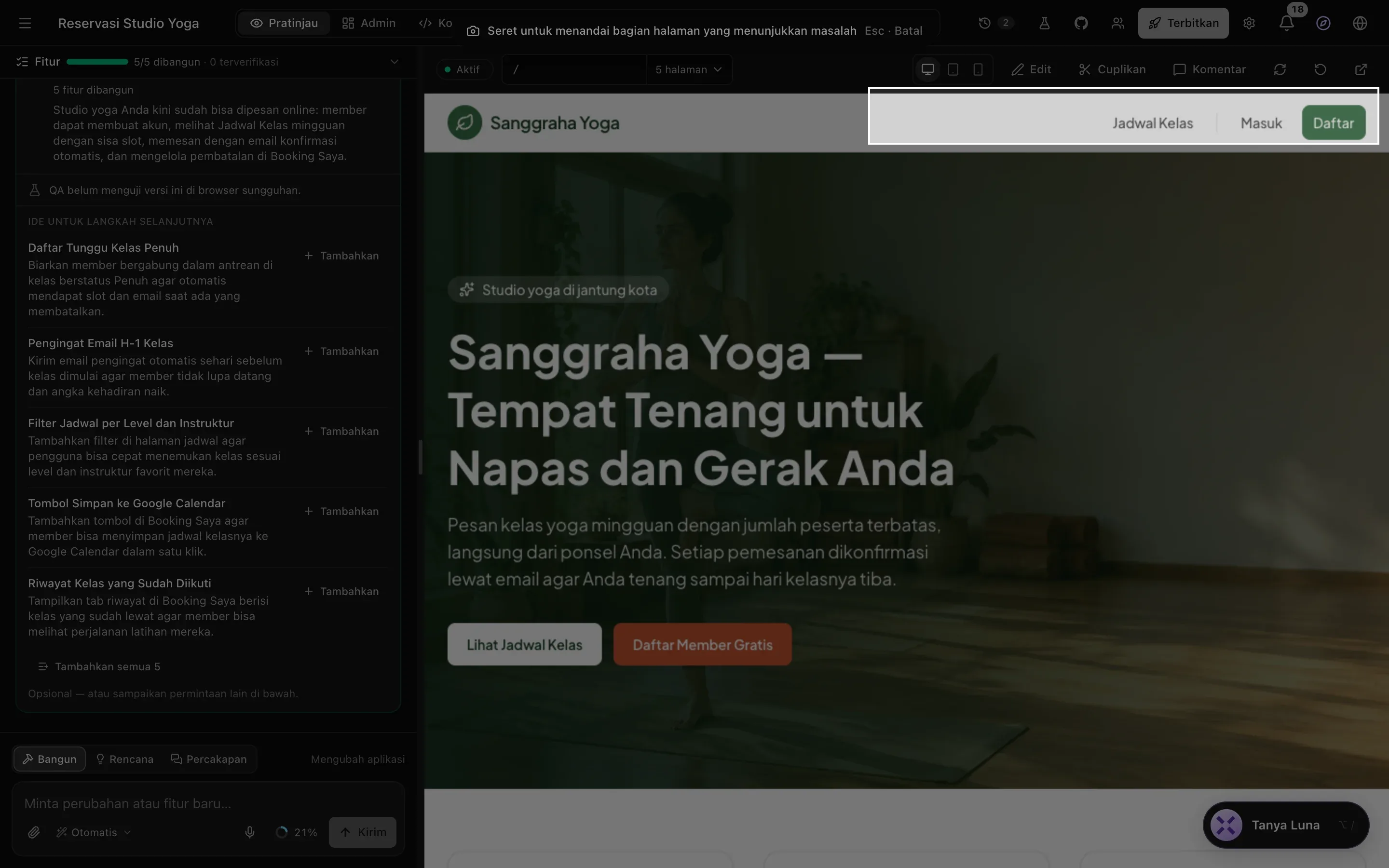 Mengambil tangkapan satu bagian: halaman diredupkan, petunjuk “Seret untuk menandai bagian halaman yang menunjukkan masalah” tampil di bagian atas, dan kotak putih digambar di sekitar menu aplikasi: Jadwal Kelas, Masuk, dan tombol Daftar