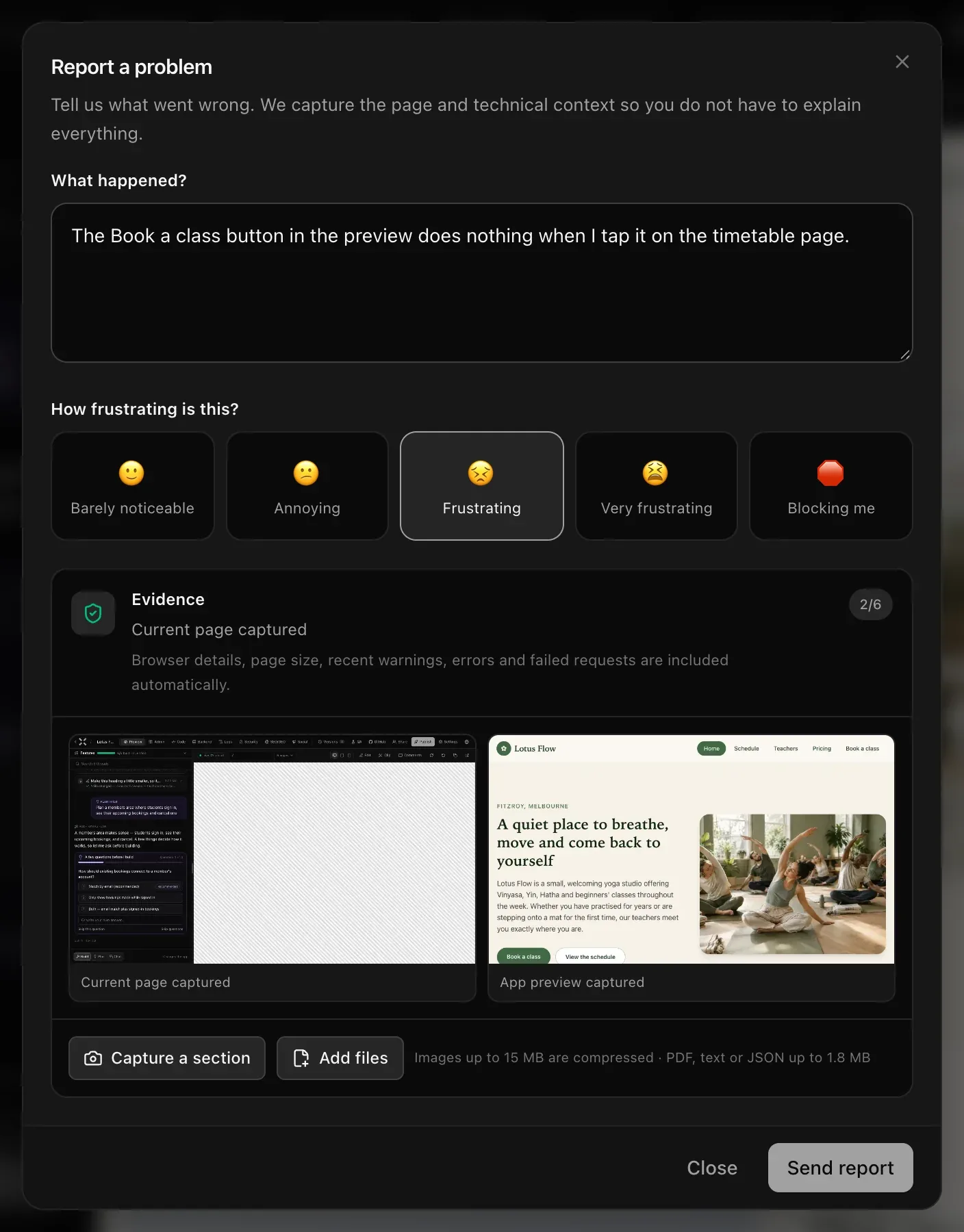 The Report a problem window: a description of the problem, Frustrating chosen from five levels, and the evidence — the current page and the app preview captured — with Capture a section and Add files