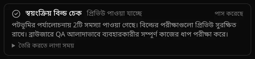 পাস করেছে চিহ্নিত স্বয়ংক্রিয় বিল্ড চেক কার্ড, সঙ্গে প্রিভিউ পাওয়া যাচ্ছে, পটভূমির পর্যালোচনায় পাওয়া 2টি সমস্যার কথা আর তৈরি করতে লাগা সময়ের একটি সারি