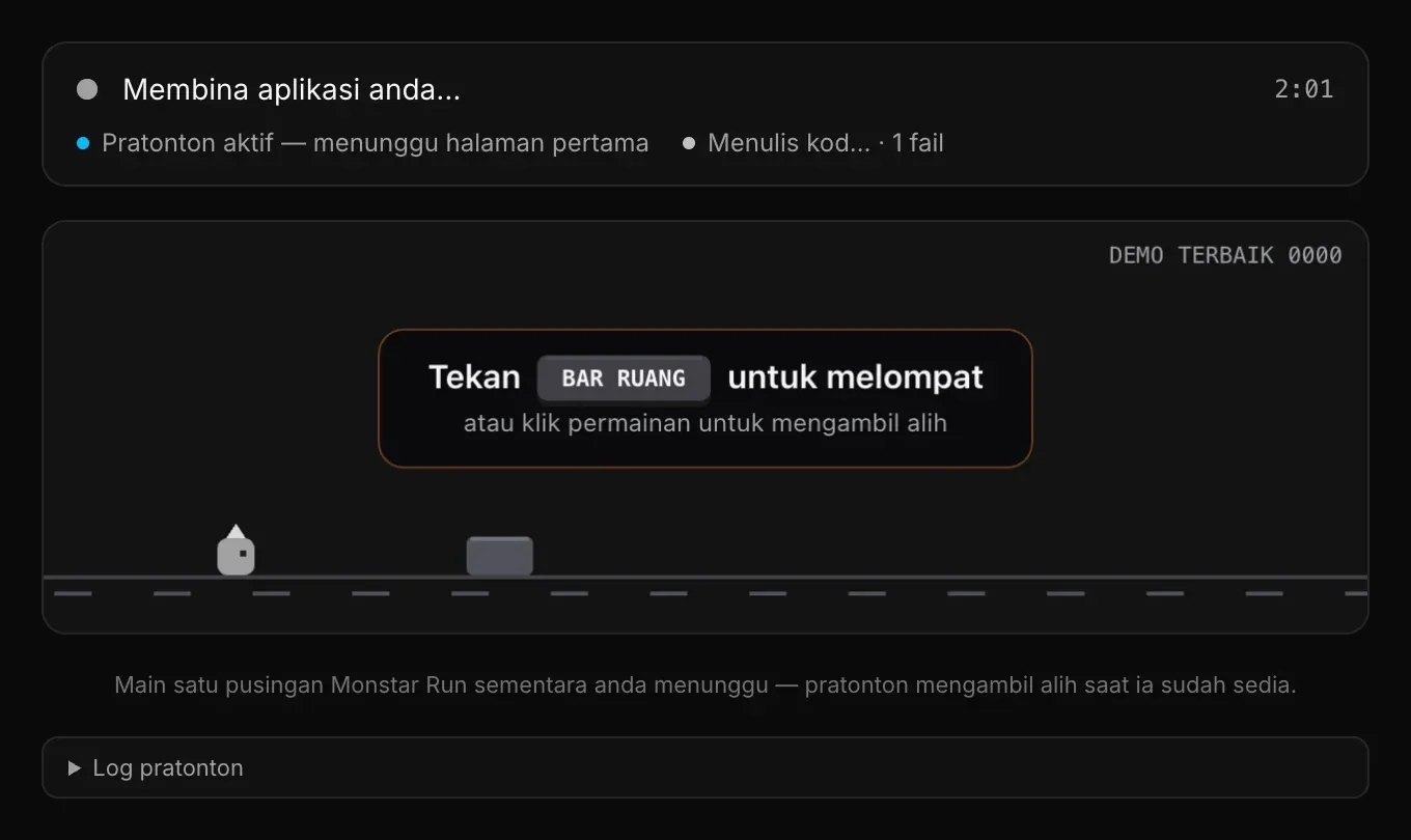 Kad status pratonton: Membina aplikasi anda… 2:01, Pratonton aktif — menunggu halaman pertama, Menulis kod… · 1 fail, di atas permainan Monstar Run yang menunjukkan Tekan BAR RUANG untuk melompat dan baris Log pratonton