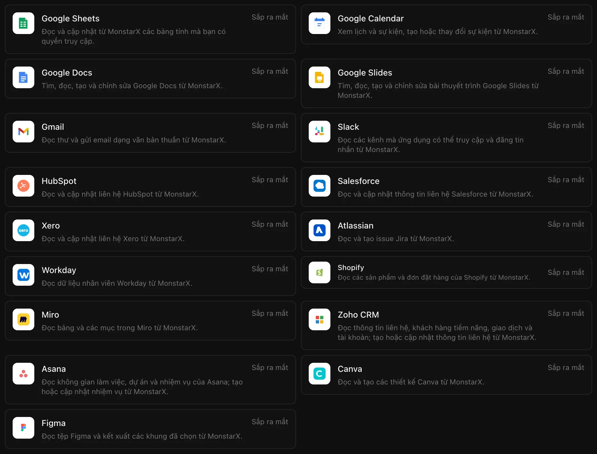 Công cụ làm việc trong danh sách Trình kết nối: Google Sheets, Google Calendar, Google Docs, Google Slides, Gmail, Slack, HubSpot, Salesforce, Xero, Atlassian, Workday, Shopify, Miro, Zoho CRM, Asana, Canva và Figma, trong ảnh này mỗi công cụ đều ghi Sắp ra mắt