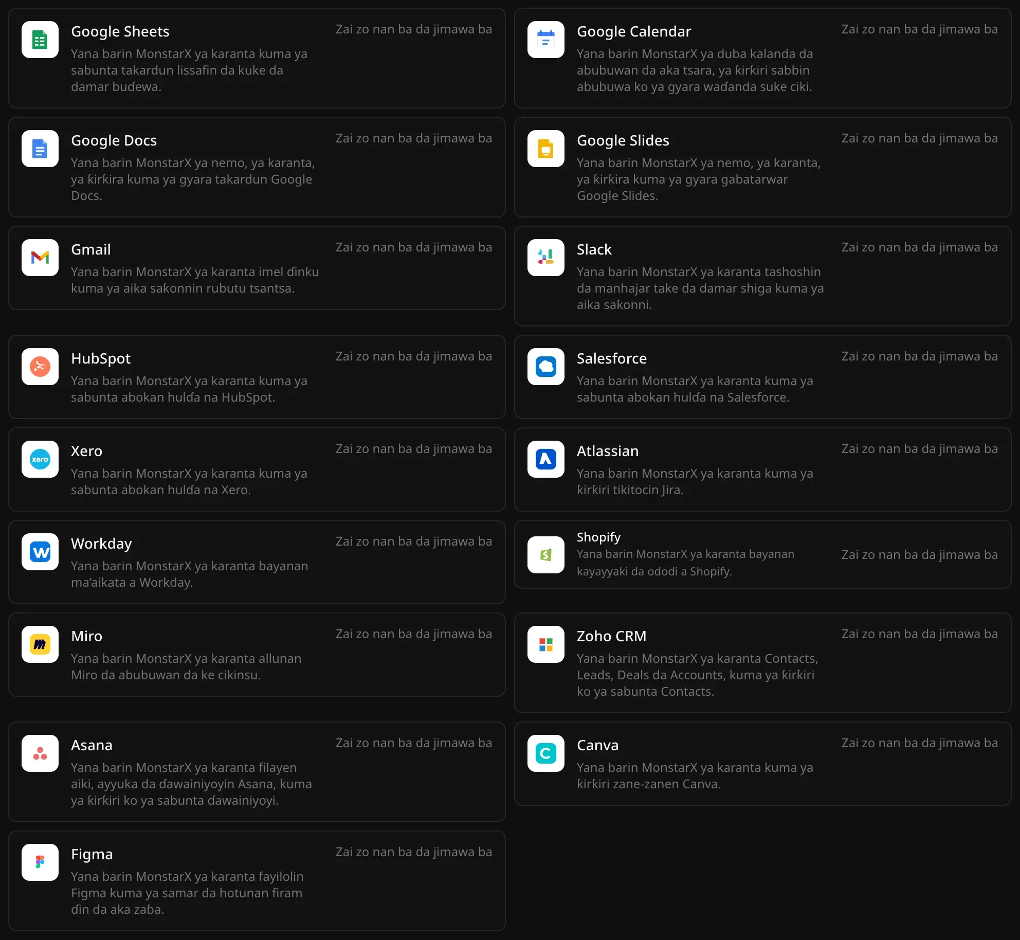 Kayan aikin kasuwanci a jerin Haɗin sabis: Google Sheets, Google Calendar, Google Docs, Google Slides, Gmail, Slack, HubSpot, Salesforce, Xero, Atlassian, Workday, Shopify, Miro, Zoho CRM, Asana, Canva da Figma, kowanne da alamar Zai zo nan ba da jimawa ba a wannan hoton